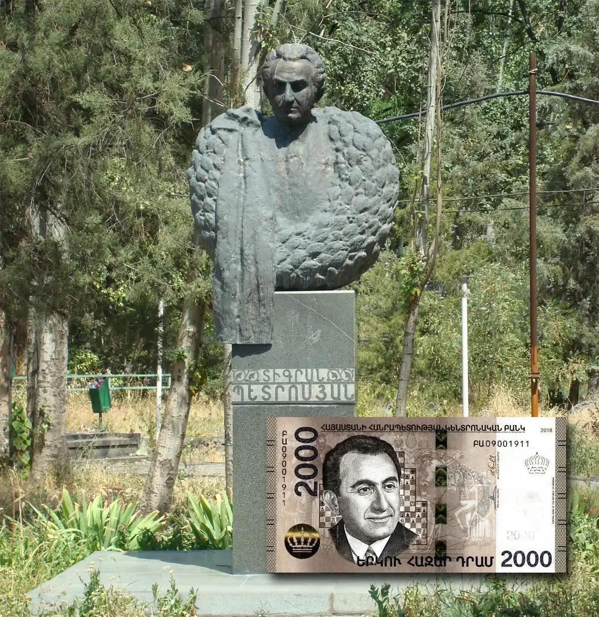 Tigran Petrosian is responsible for
popularizing chess in Armenia. A
statue of him stands in a park, and his portrait is on a banknote. (Photo: Chess Base)