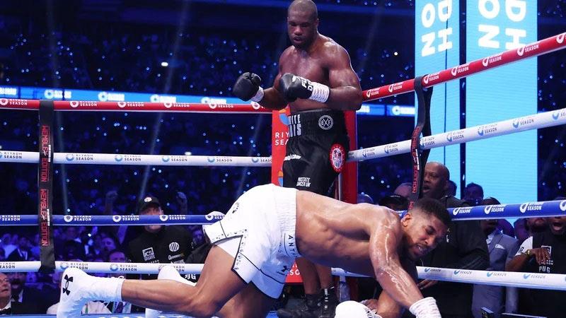 Britain’s Daniel Dubois delivers a knockout blow to compatriot Anthony Joshua to retain his IBF belt at the Wembley Stadium yesterday.