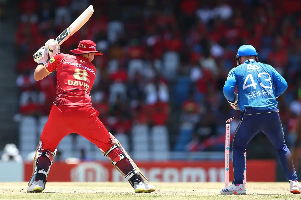 Tim David is bowled by Noor Ahmad for 14 (CPL Photo).