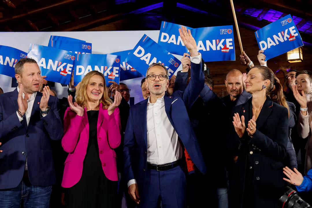 Head of Freedom Party (FPOe) Herbert Kickl gestures, as vote projections show that FPOe won the general election, in Vienna, Austria, September 29, 2024.