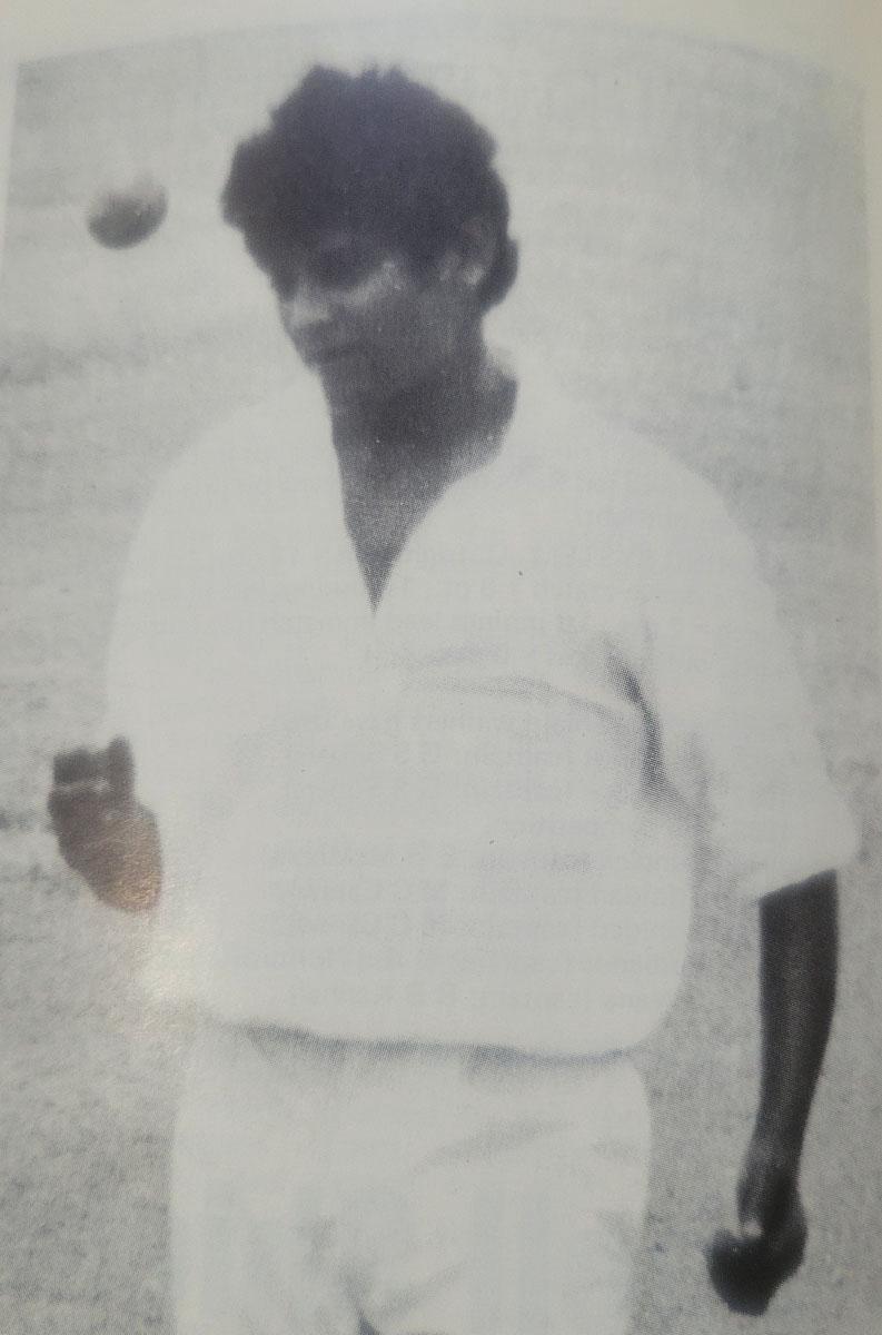 Inshan Ali in action during the 1974 Shell Shield Season when he created a new tournament record of 27 wickets (Source:1974 West Indies Cricket Annual)