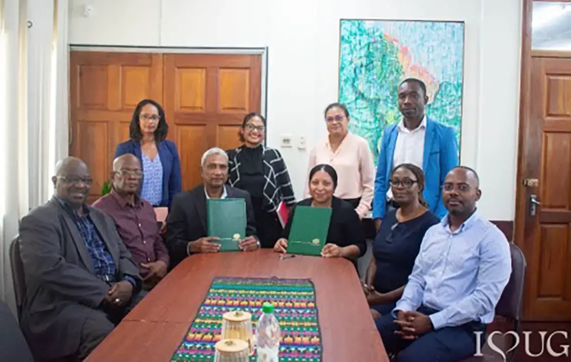 From right, seated: Assistant Vice President, Corporate Management Systems, Massy Distribution and Massy Stores, Christpen Bobb-Semple; UG Deputy Vice Chancellor for Institutional Advancement, Dr Melissa Ifill; UG Vice-Chancellor, Professor Paloma Mohammed Martin; Chairman, Massy Guyana, Navindra Thakur; Deputy Vice Chancellor of Academic Engagement, Professor Emanuel Cummings; Dean of SEBI, Professor Leyland Lucas. From right standing: Assistant Vice President, Commercial, Massy Gas Products, Hekima Paul; Human Resources Manager, Massy Stores, Sharon Rodrigues-Alguram; Quality Manager, Massy Distribution, Tiffany Andrade; and Head of IT & Business Solutions, Massy Guyana, Sherry Ann Khan.