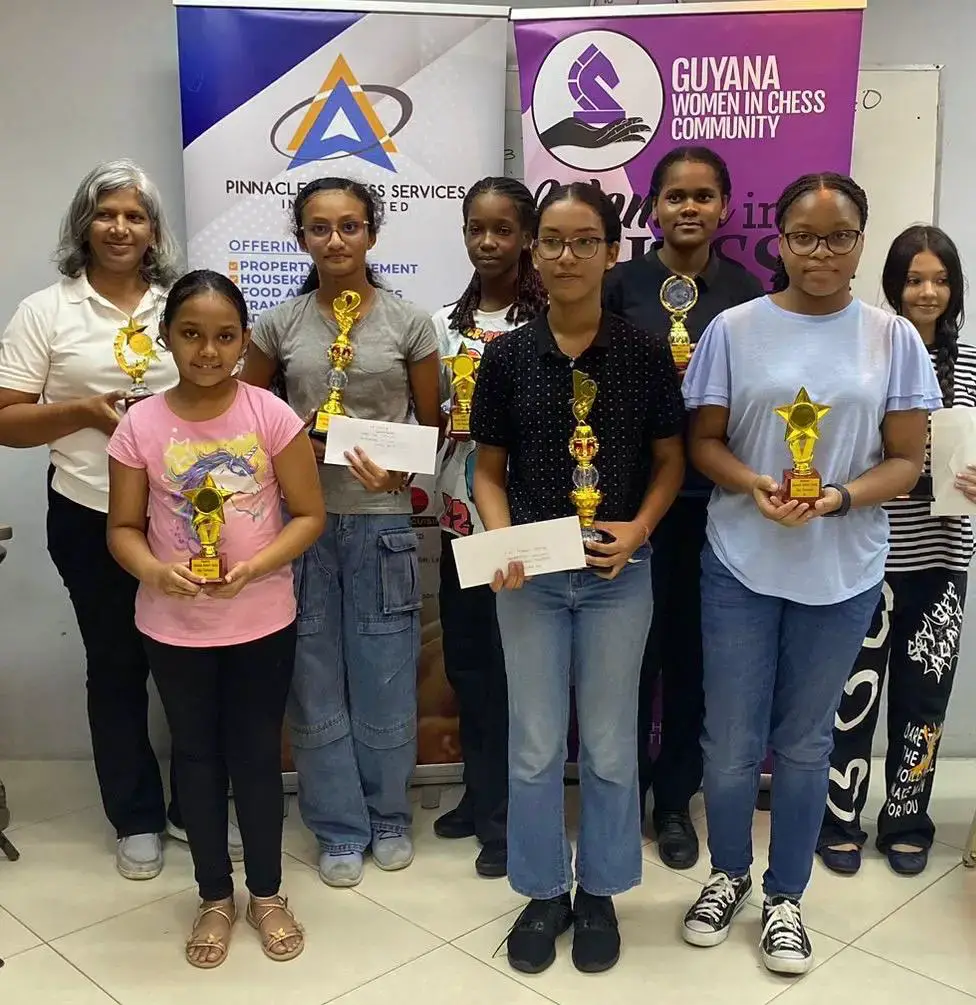 The top three finishers and individual prize winners pose for the cameras following the conclusion of the Queenside Rapid Chess Championship