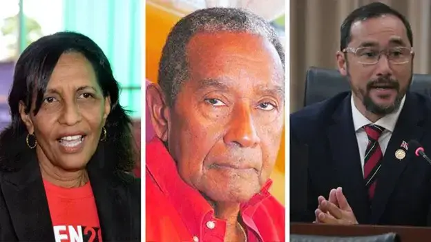 (From left) Karen Nunez-Tesheira, (PNM founding father) Ferdie Ferreira and (ACTING PM) Stuart Young