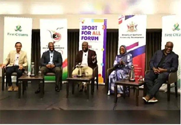 EXPERT OPINIONS: From left, First Citizens Sports Foundation’s Mark Mungal;
Director of Sport and Physical Education, Ministry of Sport and Community Development Gabre-Jesu McTair; moderator Gyasi Merrique; RYU Dojo Foundation’s Shihan
Marv Logan John; and Trinidad and Tobago Olympic Committee’s Anthony Marcano,
during a panel discussion at the Sport For All Forum at the Hyatt Regency hotel,
Port of Spain, last Saturday. --Photo ISHMAEL SALANDY