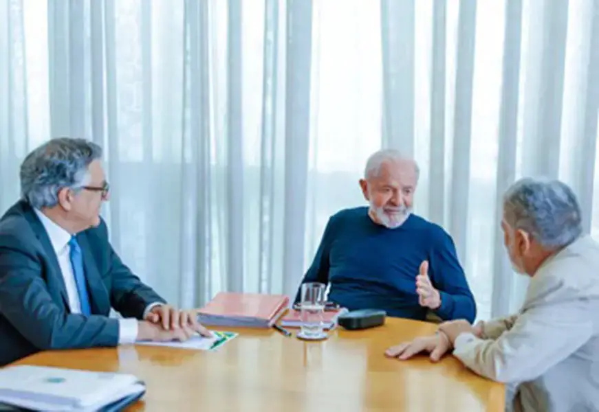 Brazilian President Luiz Inacio Lula da Silva meets with Institutional Relations Minister Alexandre Padilha and top foreign policy adviser Celso Amorim, after he suffered a head injury at home that caused a minor brain hemorrhage in Brasilia, Brazil, October 21, 2024, in this handout image.