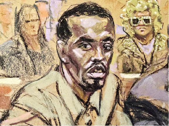 Sean ‘Diddy’ Combs’, with his mom seated in the back,
attends a hearing in federal court in the Manhattan borough
of New York City, U.S., October 10, 2024 in this courtroom sketch.