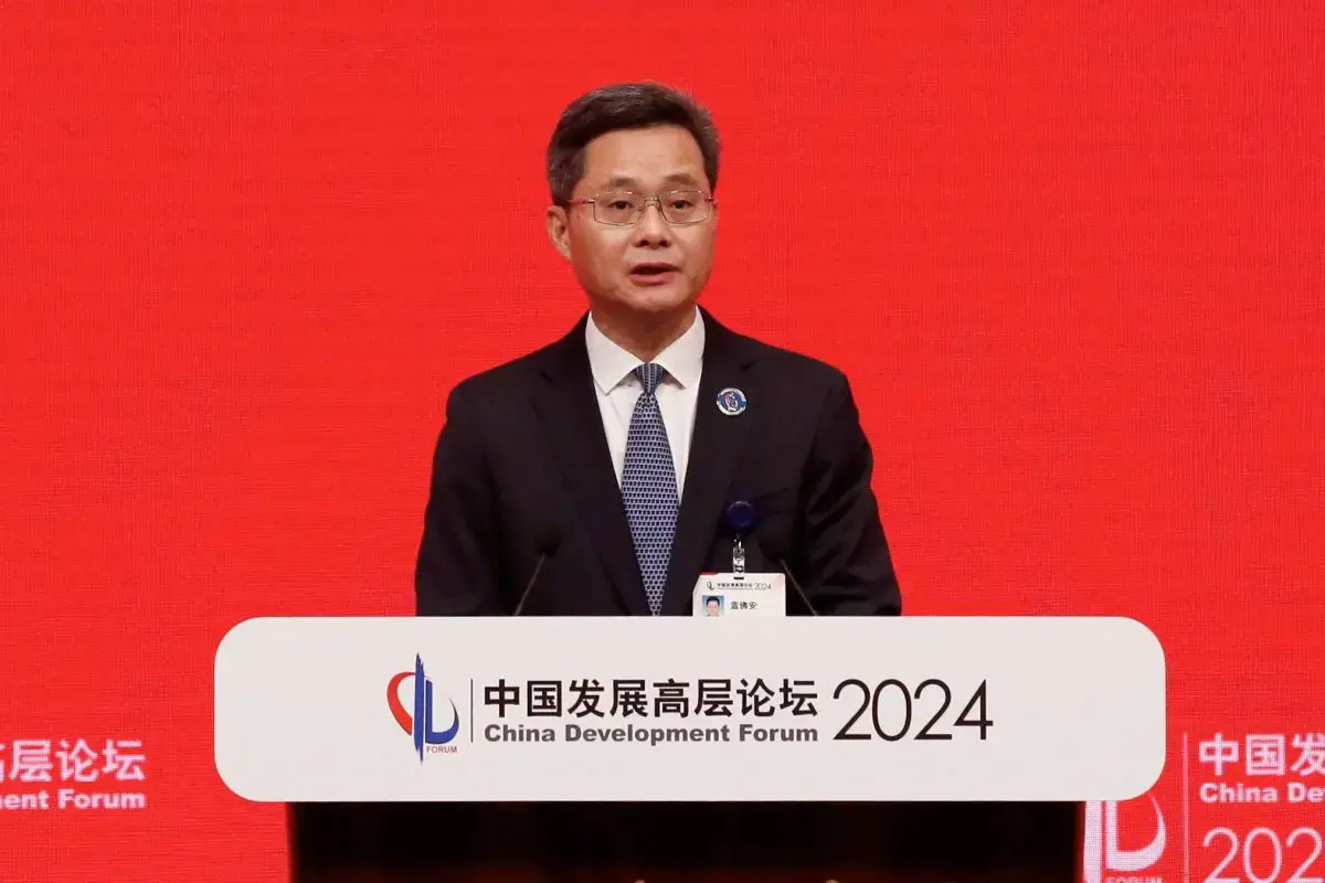 Chinese Finance Minister Lan Foan speaks at the China Development Forum (CDF) 2024, in Beijing, China March 24, 2024. REUTERS/Jing Xu/File Photo