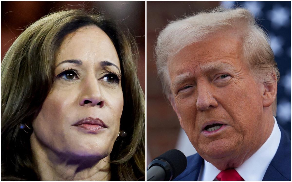 U.S. Vice President Kamala Harris in Milwaukee, Wisconsin, U.S. August 20, 2024 and former U.S. President Donald Trump in Bedminster, New Jersey, U.S., August 15, 2024 are seen in a combination of file photographs. REUTERS/Marco Bello, Jeenah Moon/ File Photo