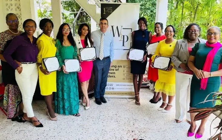 WLP Graduating Cohort 2024 with co-creators Michelle A. Nicholas and Lyndell Danzie-Black along with Jean-Jacques Forté, Chargé d’Affaires and Head of the French Diplomatic Bureau, and guest alums