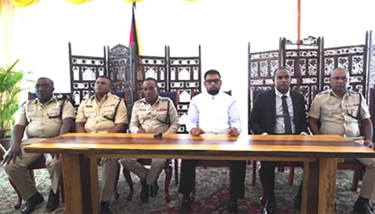 President Irfaan Ali (third from right) with top brass of the Guyana Police Force