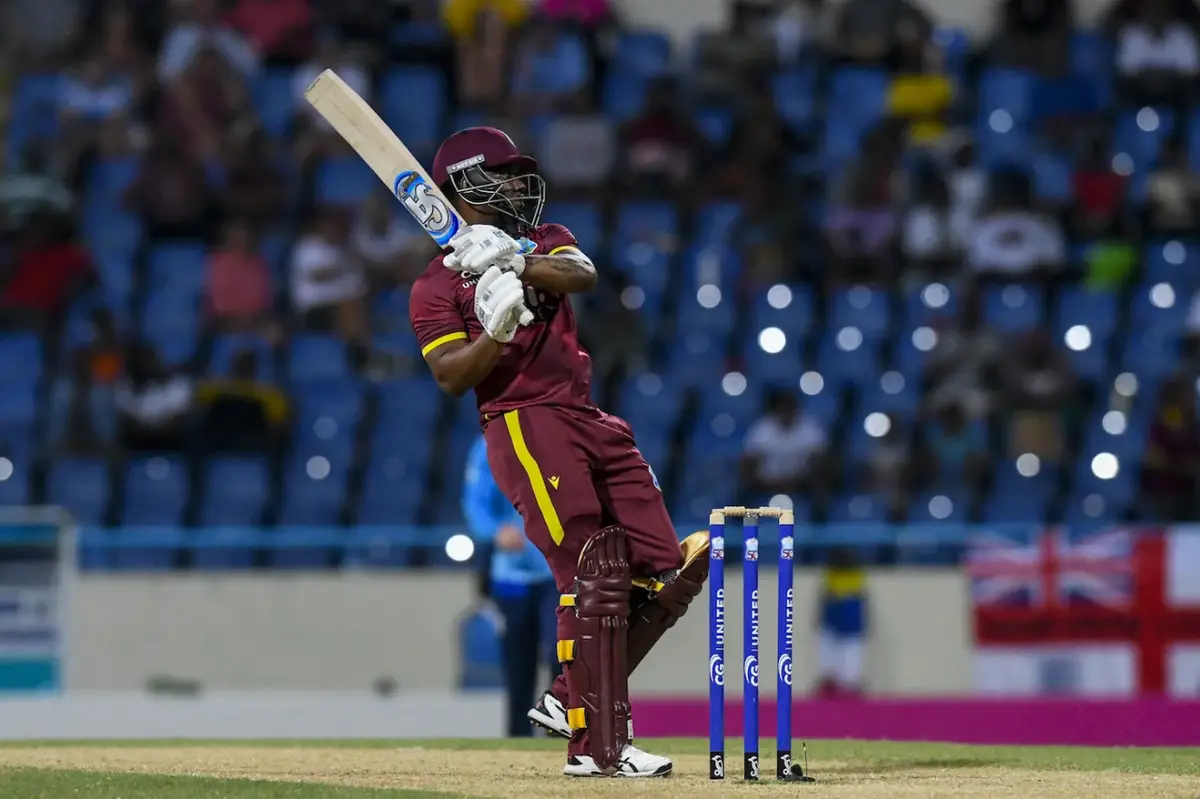 Evin Lewis crashes a delivery into the boundary as he marshalled the West Indies chase with an aggressive 94. (ESPN Cricinfo Photo).