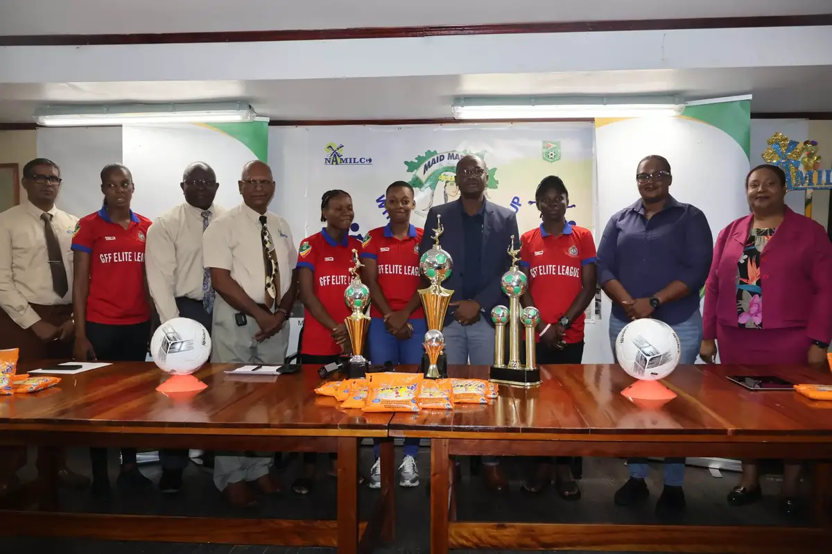 Members of the launch party, inclusive of GFF officials, NAMILCO representatives, and players  for the Maid Marian Wheat Up’ Women’s Football Championship