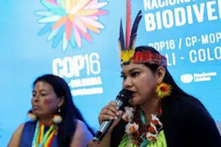 Jhajayra Machoa Mendua, leader of the A’I Cofan nationality, speaks during a press conference at the 16th United Nations Biodiversity Summit (COP16), in Yumbo, Colombia October 31, 2024. REUTERS/Luisa Gonzalez