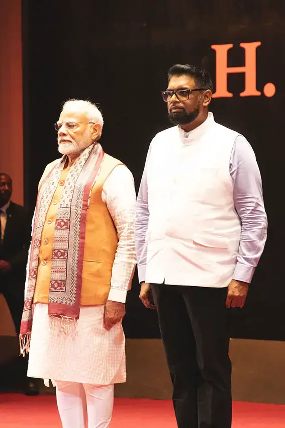 Prime Minister Narendra Modi (left) and President Irfaan Ali during the engagement last evening.