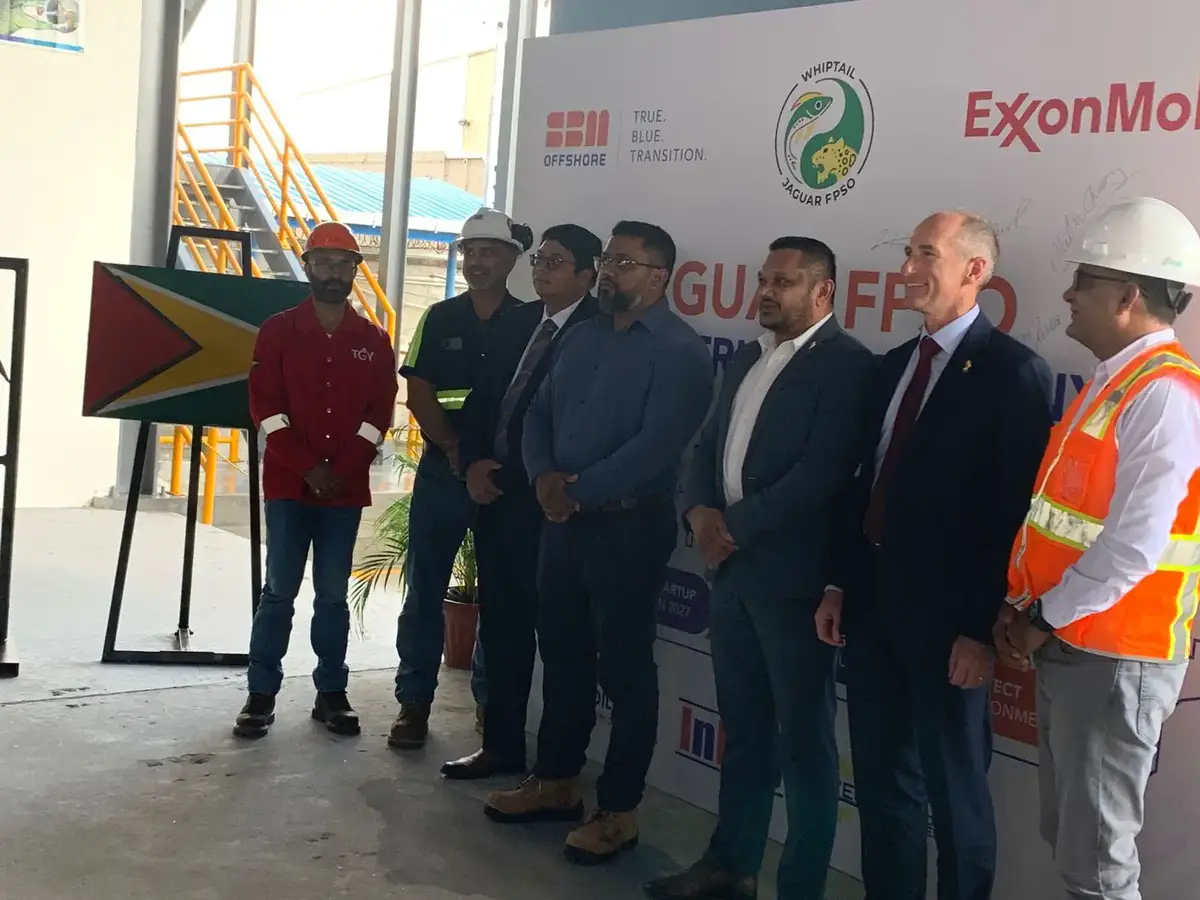 Representatives of the three fabricators posing for a photo along with Natural Resources Minister Vickram Bharrat, President of ExxonMobil Guyana Limited Alistair Routledge and other stakeholders.