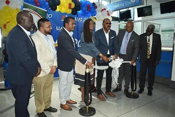 Antigua Prime Minister Gaston Browne (third from right), Minister of Public Works Juan Edghill (second from right) and Director General of the Guyana Civil Aviation Authority, Egbert Field (right) at the ribbon-cutting ceremony. (CJIA photo)