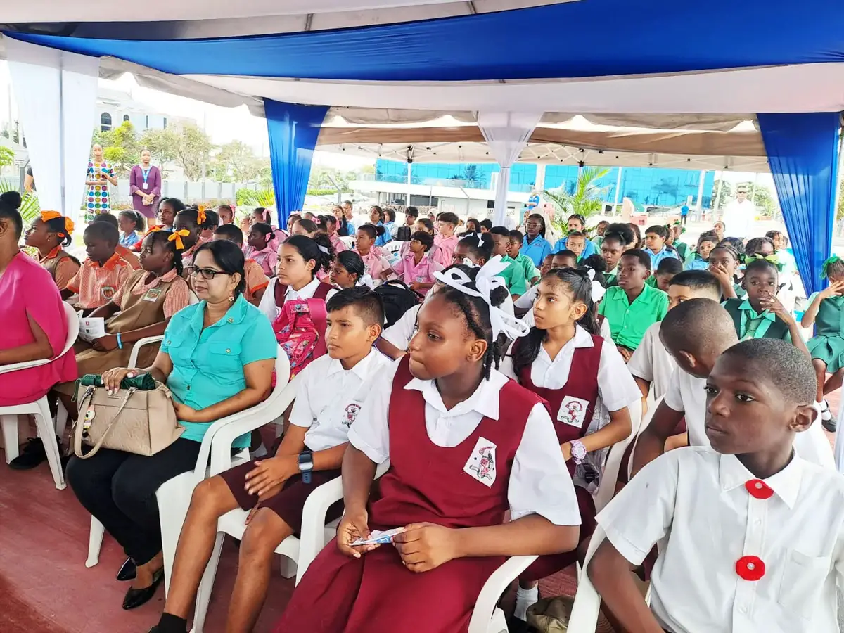 Schoolchildren in attendance at the 35th anniversary of the Convention on the Rights of the Child at the Seawall bandstand.