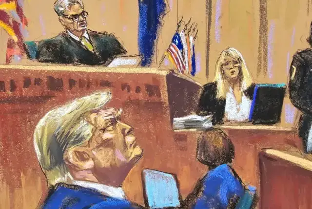 Jury members listen to readback of testimony as Republican presidential candidate and former U.S. President Donald Trump attends his criminal trial over charges that he falsified business records to conceal money paid to silence porn star Stormy Daniels in 2016, at Manhattan state court in New York(photo credit: JANE ROSENBERG/REUTERS)