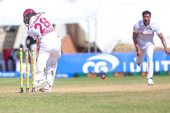 Alick Athanaze characterised the West Indies batting effort as he is bowled by Taijul Islam for five (ESPN Cricinfo Photo).