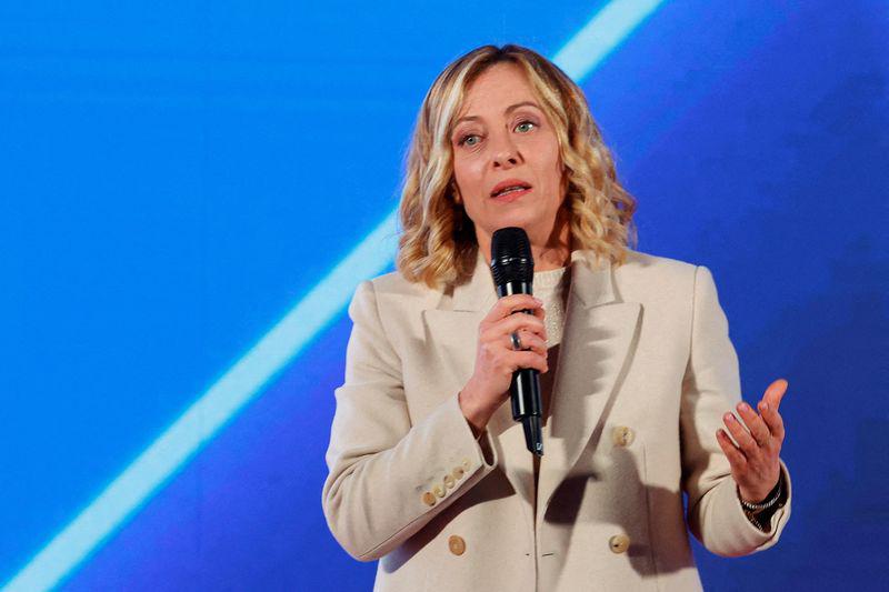 FILE PHOTO: Italian Prime Minister Giorgia Meloni speaks during the political festival Atreju, organised by Meloni's Brothers of Italy (Fratelli d'Italia) right-wing party, in Rome, Italy, December 14, 2024. REUTERS/Ciro De Luca/File Photo