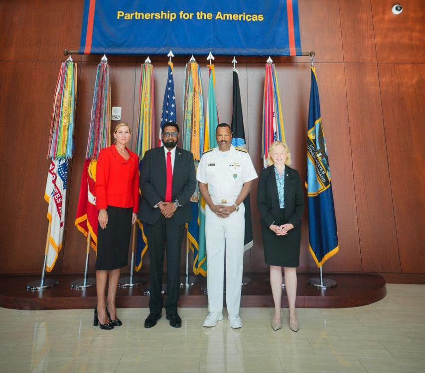 From left in this Office of the President photo are United States Ambassador to Guyana, Nicole D. Theriot, President Irfaan Ali,  ADM Alvin Holsey, Combatant Commander and  Ambassador Sarah-Ann Lynch, Civilian Deputy to the Commander and Foreign Policy Advisor.